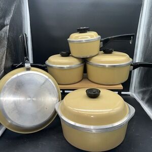 Vintage Sears 9 piece Set Cast Aluminium Gold yellow Pans & Pots with Lids Prop